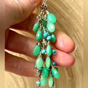 Chic Chrysoprase, Apatite and Turquoise Dangle Earrings in gold filled